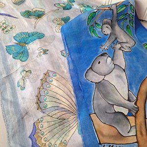 Hand-Painted Silk Scarf Koala Signed E. Steinkamp & Silk Butterfly Scarf